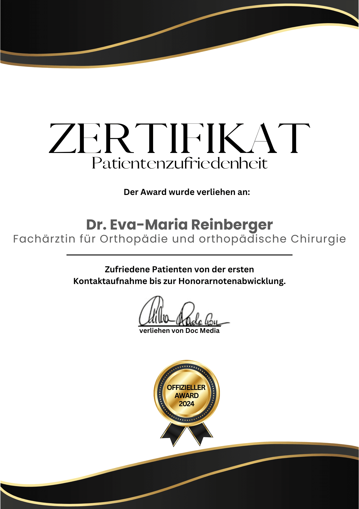 Zertifikat Patientenzufriedenheit – Offizieller Award 2024 für Dr. Eva-Maria Reinberger